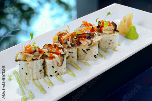 This image showcases an elegant plate of sushi rolls, artfully arranged on a rectangular white dish. Each roll is wrapped in rice paper and garnished with a colorful medley of sautéed mushrooms (likel