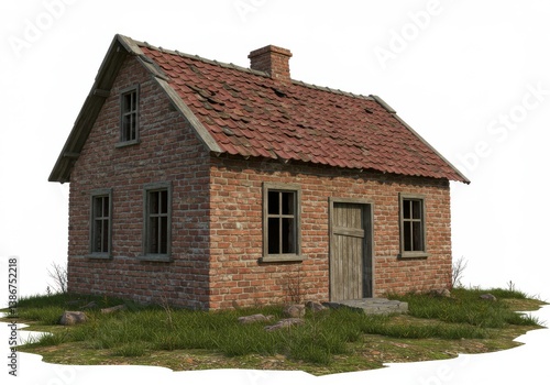 Wallpaper Mural A small brick house with a red tile roof and a chimney on a patch of grass against a white background Torontodigital.ca