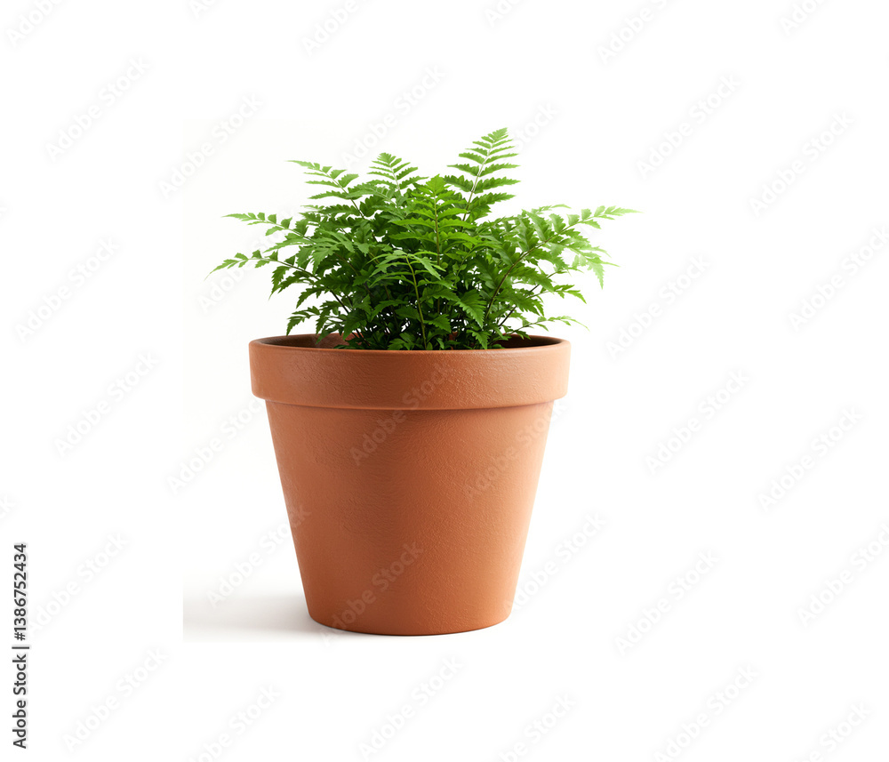 Fototapeta premium Brown earthen flower pot with green plant isolated on white background