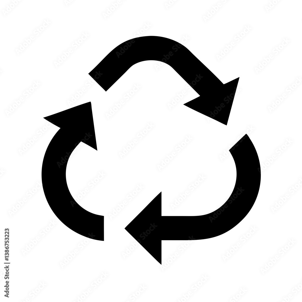 Recycling symbol vector isolated on white backgrond.Simple Recycling Symbol Icon.A black recycling symbol, featuring three interconnected arrows forming a triangle. Recycling symbol vector isolated on white backgrond.Simple Recycling Symbol Icon.A black recycling symbol, featuring three interconnected arrows forming a triangle.