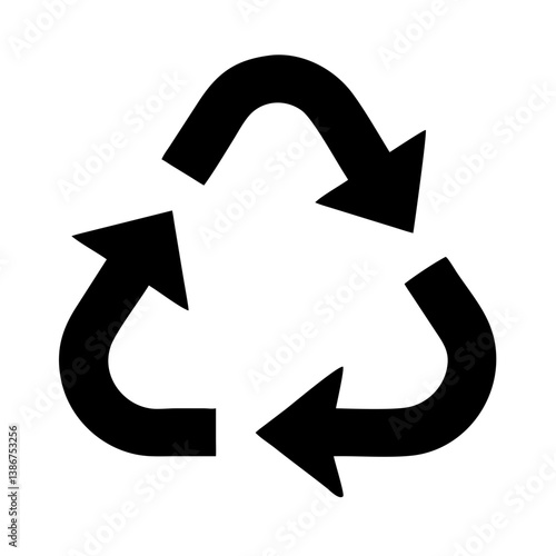 Recycling symbol vector isolated on white backgrond.Simple Recycling Symbol Icon.A black recycling symbol, featuring three interconnected arrows forming a triangle.