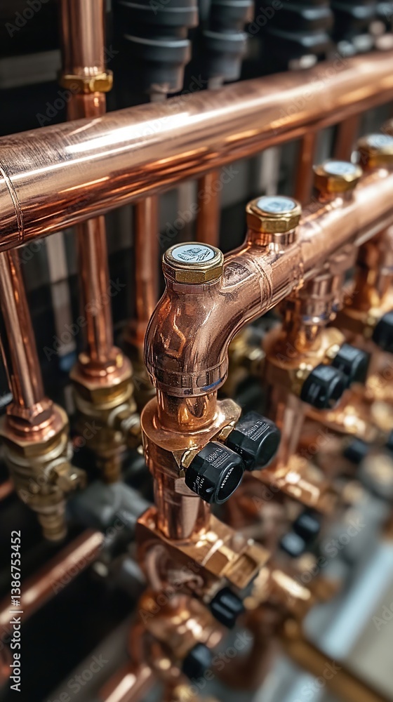 Obraz premium Copper pipes in the boiler room for water heating networks