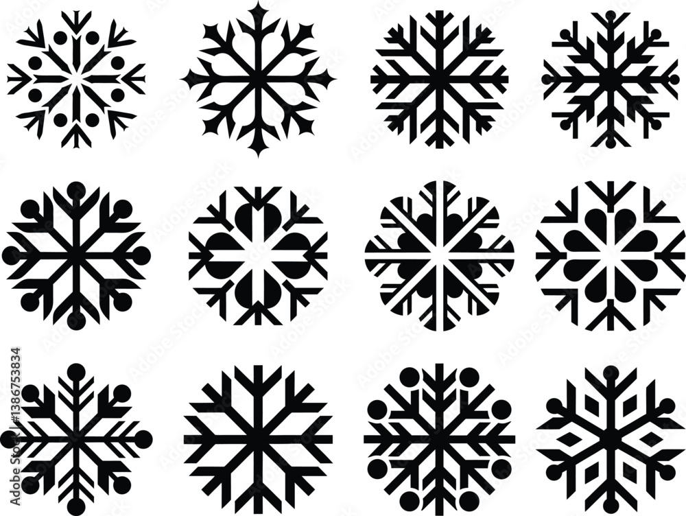 Set of 12 snowflake silhouette clipart. Modern vector symbols isolated on white background. Winter icons collection. Perfect for New Year design elements, seasonal décor, and frozen themed projects. Set of 12 snowflake silhouette clipart. Modern vector symbols isolated on white background. Winter icons collection. Perfect for New Year design elements, seasonal décor, and frozen themed projects.