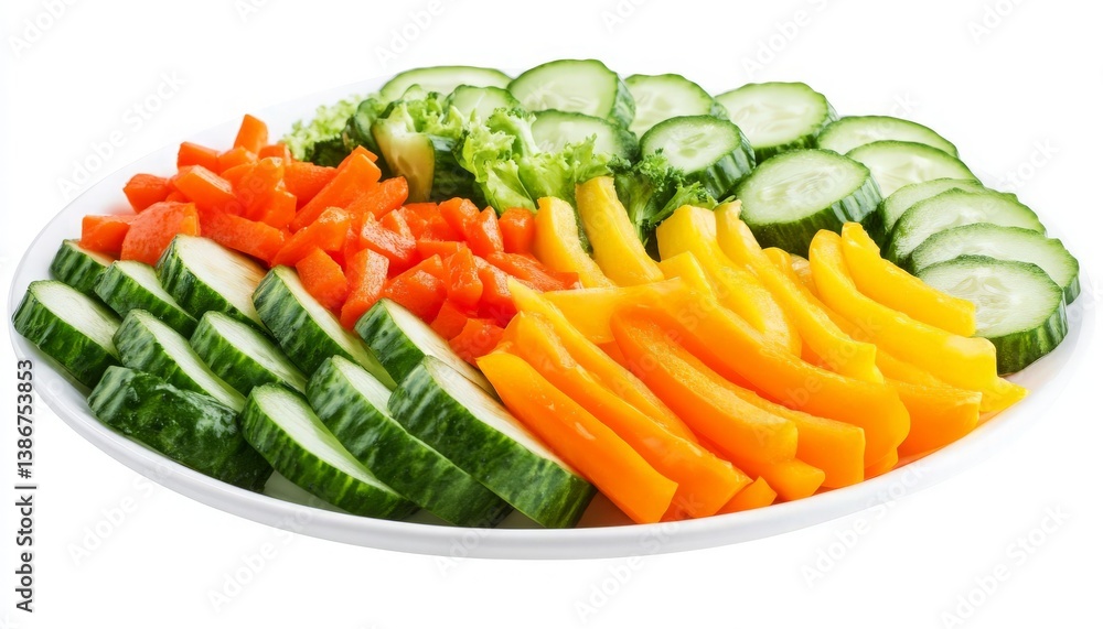 Vibrant and Colorful Vegetable Platter Featuring Freshly Sliced Cucumbers, Bell Peppers, and Crisp Lettuce Arranged Neatly on a Clean White Plate for a Healthy Culinary Presentation. Vibrant and Colorful Vegetable Platter Featuring Freshly Sliced Cucumbers, Bell Peppers, and Crisp Lettuce Arranged Neatly on a Clean White Plate for a Healthy Culinary Presentation.