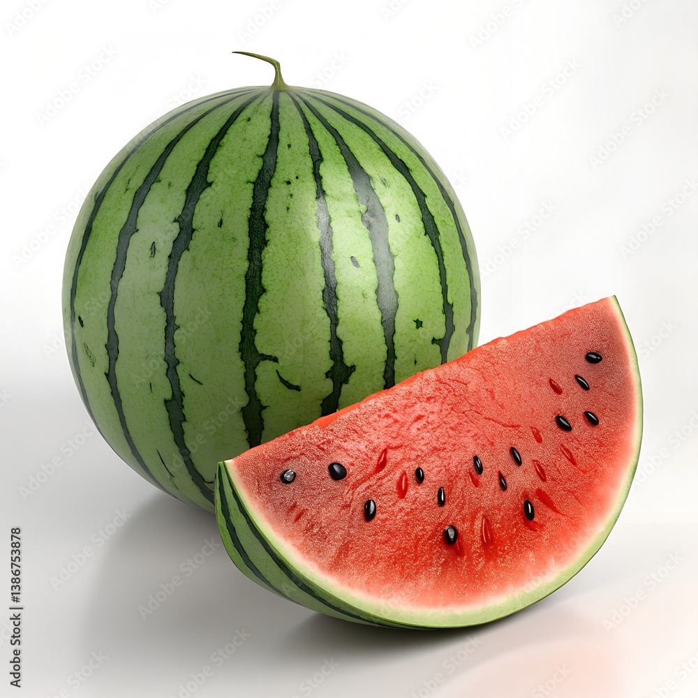 Fresh juicy slice of ripe watermelon isolated on a white background, showcasing its red flesh, green rind, and natural sweetness perfect for a healthy summer snack Fresh juicy slice of ripe watermelon isolated on a white background, showcasing its red flesh, green rind, and natural sweetness perfect for a healthy summer snack