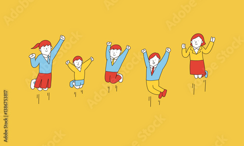 やる気になった小学生・中学生・高校生のイラスト　ジャンプする5人の学生