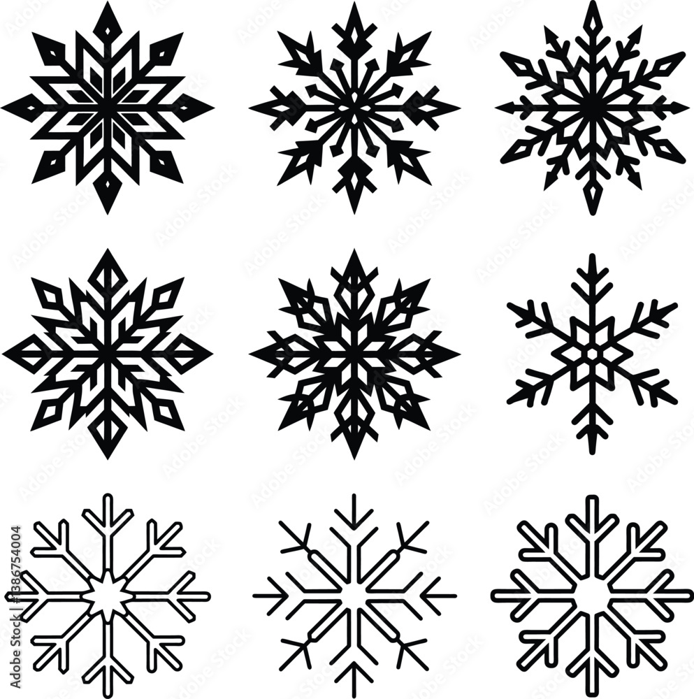 Set of 9 snowflake silhouette clipart vector illustration. Flower icon collection isolated on white. New Year decoration elements, frozen symbol and shapes. Set of 9 snowflake silhouette clipart vector illustration. Flower icon collection isolated on white. New Year decoration elements, frozen symbol and shapes.