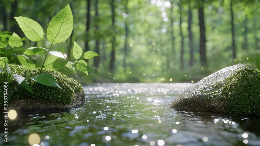 Fototapeta premium Serene forest creek with lush greenery and sunlight. Tranquil nature landscape during daytime.