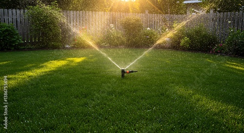 Golden Hour Lawn Sprinkler System Watering Lush Green Grass AI Generated