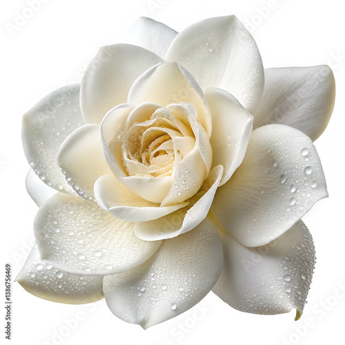 A pristine white gardenia in full bloom, its waxy petals exuding a rich and captivating fragrance.
