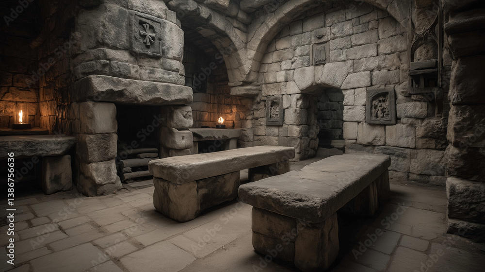 Fototapeta premium underground crypt with stone coffins and burning torches