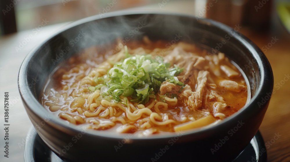 A bowl of hot soup with vegetables, chicken, and noodles. Featuring warmth and comfort A bowl of hot soup with vegetables, chicken, and noodles. Featuring warmth and comfort