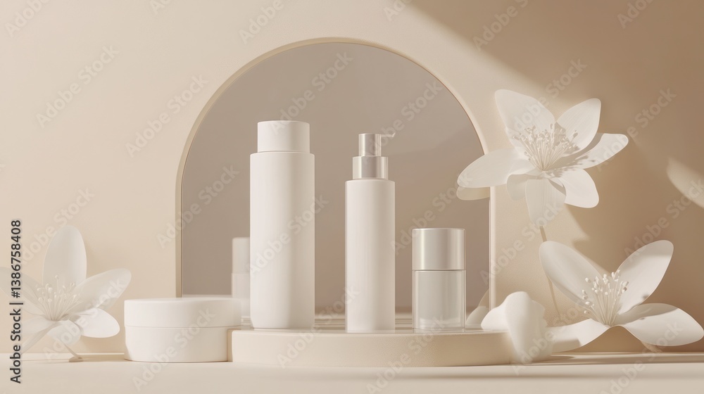 Beige Cosmetic Display with White Bottles and Flowers Beige Cosmetic Display with White Bottles and Flowers