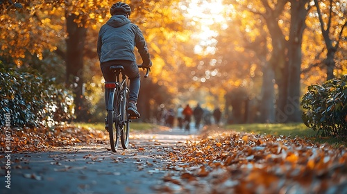 Cycling in Autumn: A lone cyclist navigates a pathway adorned with autumn foliage. The setting sun casts a warm, inviting glow across the scene, creating a sense of tranquility and the beauty of fall.