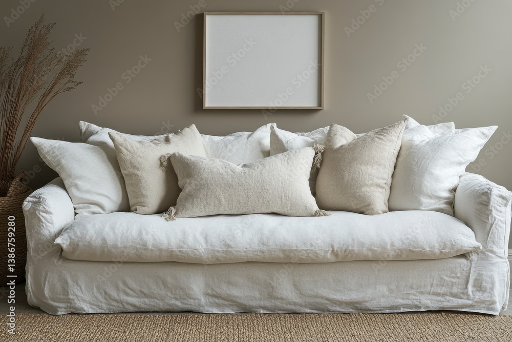 Obraz premium White Linen Sofa with Textured Cushions in a Neutral Living Room