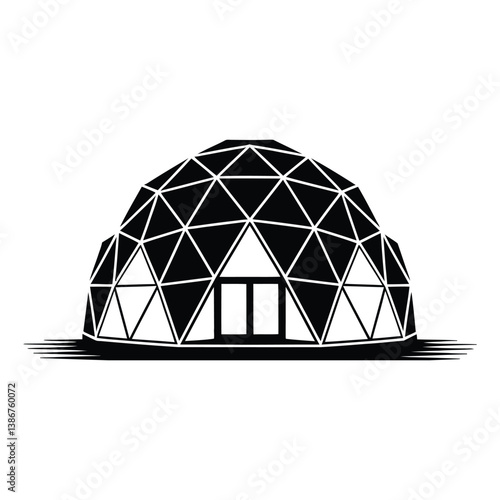 Geodesic Dome House Silhouette, Vector, Icon, Logo, White Background.