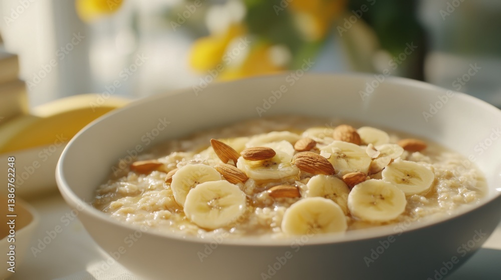 A bowl of oatmeal topped with sliced bananas, almonds, and honey. Featuring comfort, flavor, and nutrition A bowl of oatmeal topped with sliced bananas, almonds, and honey. Featuring comfort, flavor, and nutrition