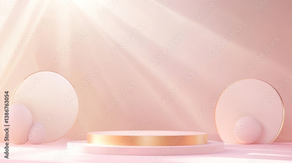 Fototapeta premium Pastel pink podium, sunlight, empty display, digital render, product showcase, minimal, 3d, illustration