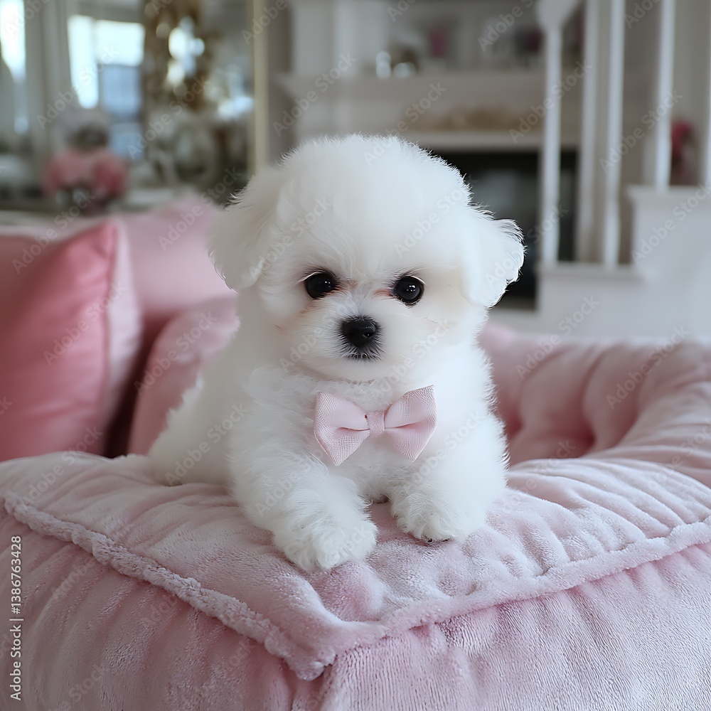 Fluffy Puppy on Pink Bed