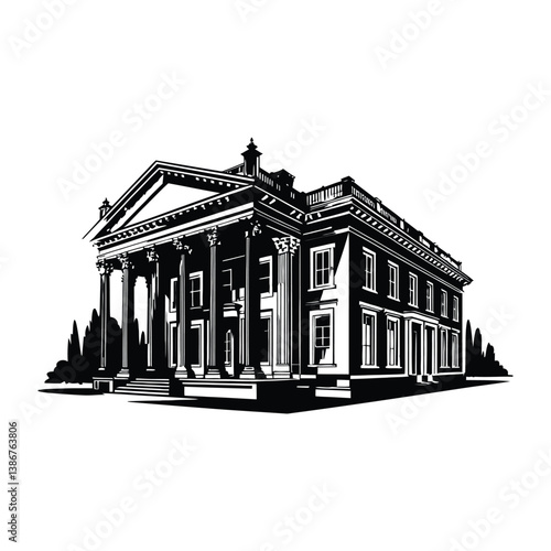 Neoclassical Masnion House Silhouette, Vector, Icon, Logo, White Background.
