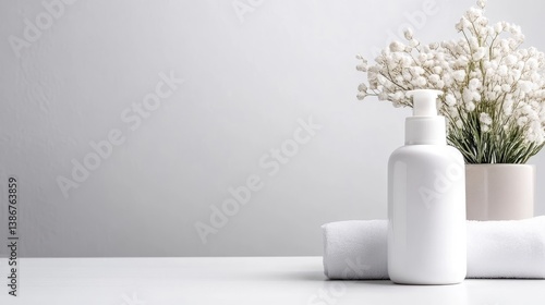 Wallpaper Mural A white cosmetic bottle with pump dispenser on a clean white surface, accompanied by rolled white towels and a decorative plant, and minimalist spa concept. Torontodigital.ca