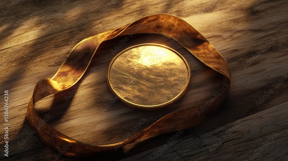 Fototapeta premium Gold medal as a symbol of championship on a rustic wooden table