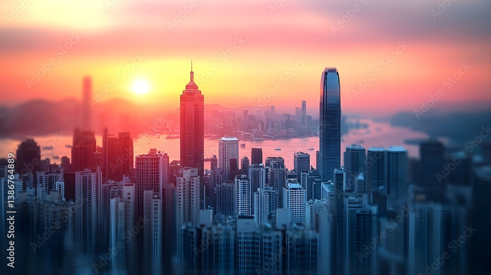 Fototapeta premium Vibrant cityscape at sunset with skyscrapers and water in the background