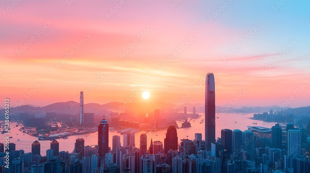Fototapeta premium Vibrant cityscape at sunset with harbor and skyscrapers