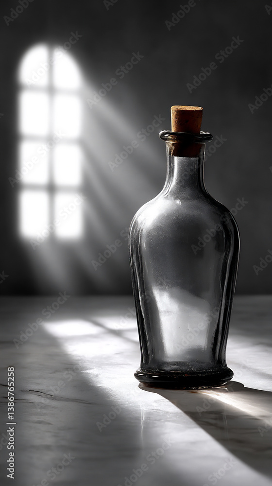 p: a still life of a tall, slender bottle with a long shadow, placed on a marble surface p: a still life of a tall, slender bottle with a long shadow, placed on a marble surface