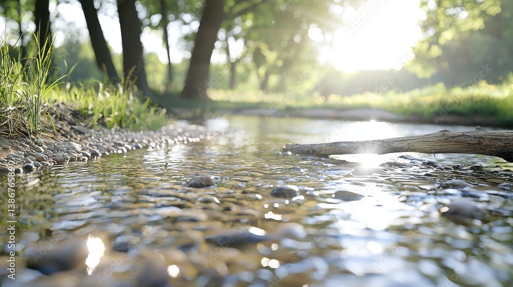 Fototapeta premium Tranquil creek flowing through a sunlit forest, highlighting nature's serene beauty.