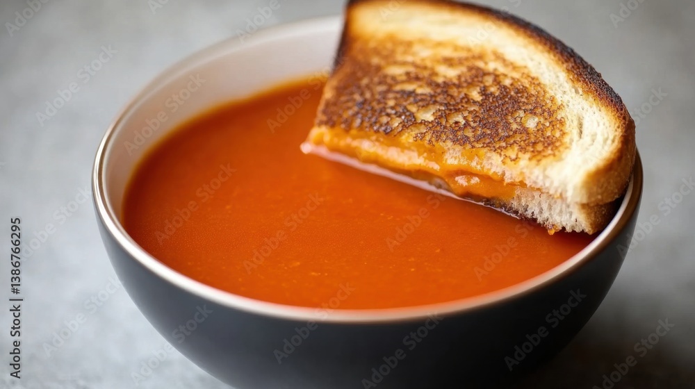 A bowl of rich and creamy tomato soup with a side of grilled cheese. Featuring comfort, flavor, and nostalgia A bowl of rich and creamy tomato soup with a side of grilled cheese. Featuring comfort, flavor, and nostalgia