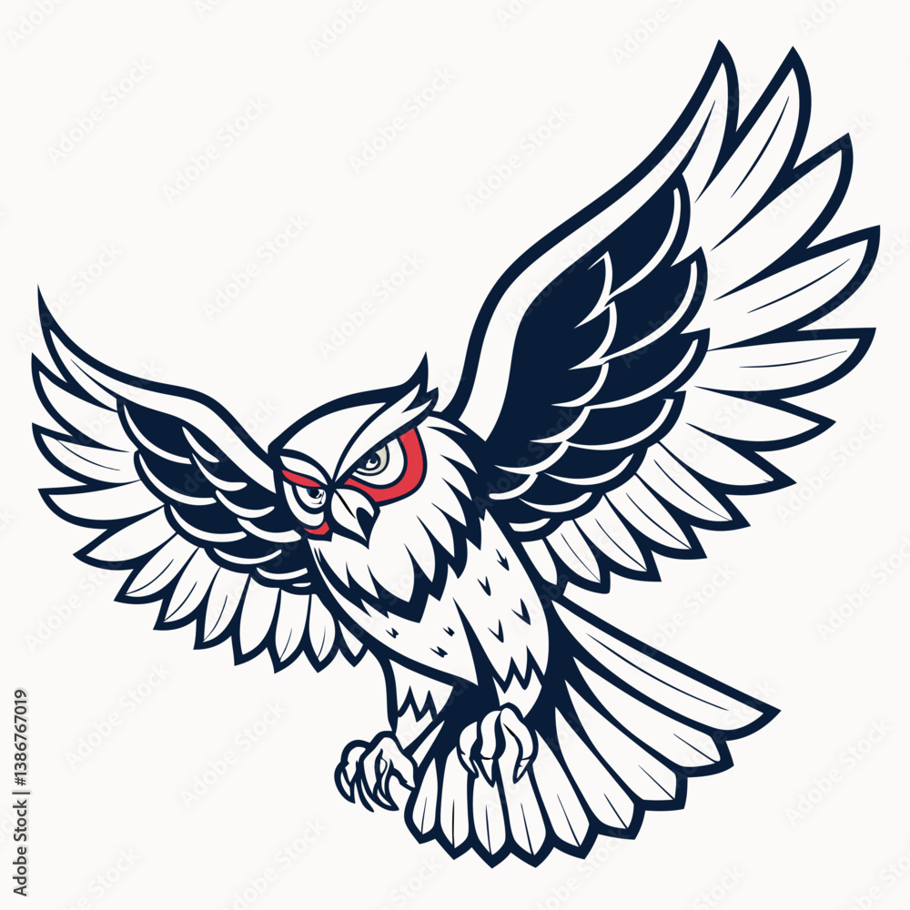 Fototapeta premium Fierce flying owl logo mascot with open wings and claws in dynamic sport style.