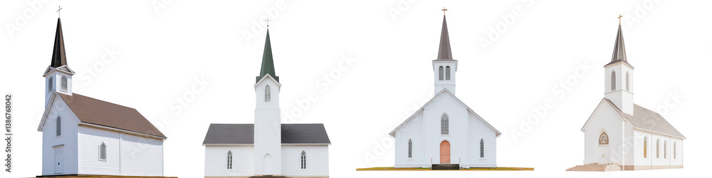 Fototapeta premium Four Distinct White Churches with Steeples Against a Clear Sky Featuring Varied Architectural Styles