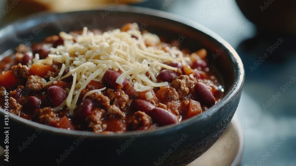 A bowl of spicy chili with beans, ground beef, and shredded cheese. Featuring comfort and warmth A bowl of spicy chili with beans, ground beef, and shredded cheese. Featuring comfort and warmth