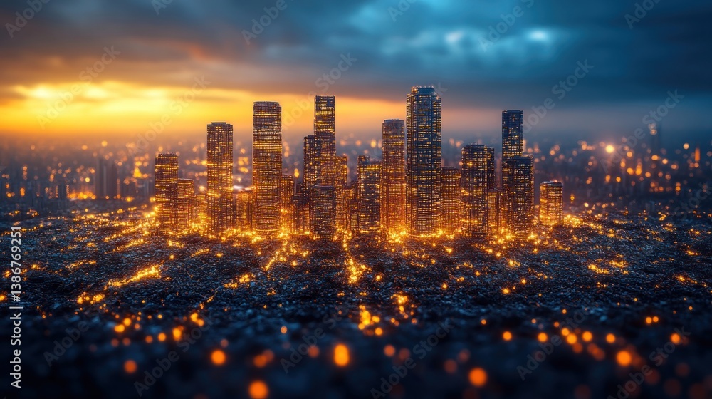Obraz premium Night Cityscape: Illuminated Metropolis at Sunset