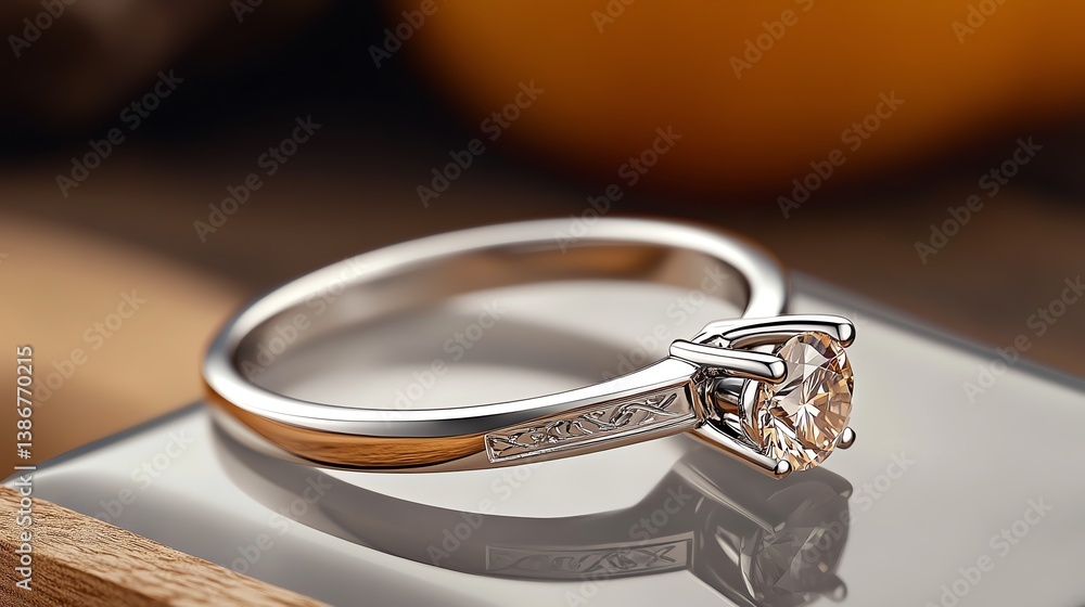 Platinum solitaire ring with engraved band resting on a frosted glass surface
