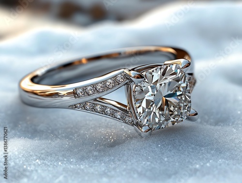 Obraz na płótnie Princesscut diamond ring with a twisted band on a snowy surface w salonie