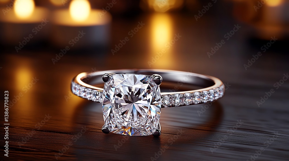 Radiantcut diamond with pave band resting in a soft candlelit ambiance