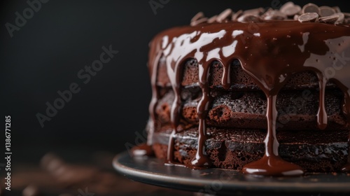 A rich chocolate cake with gooey ganache dripping down, set against a dark, moody backdrop.

