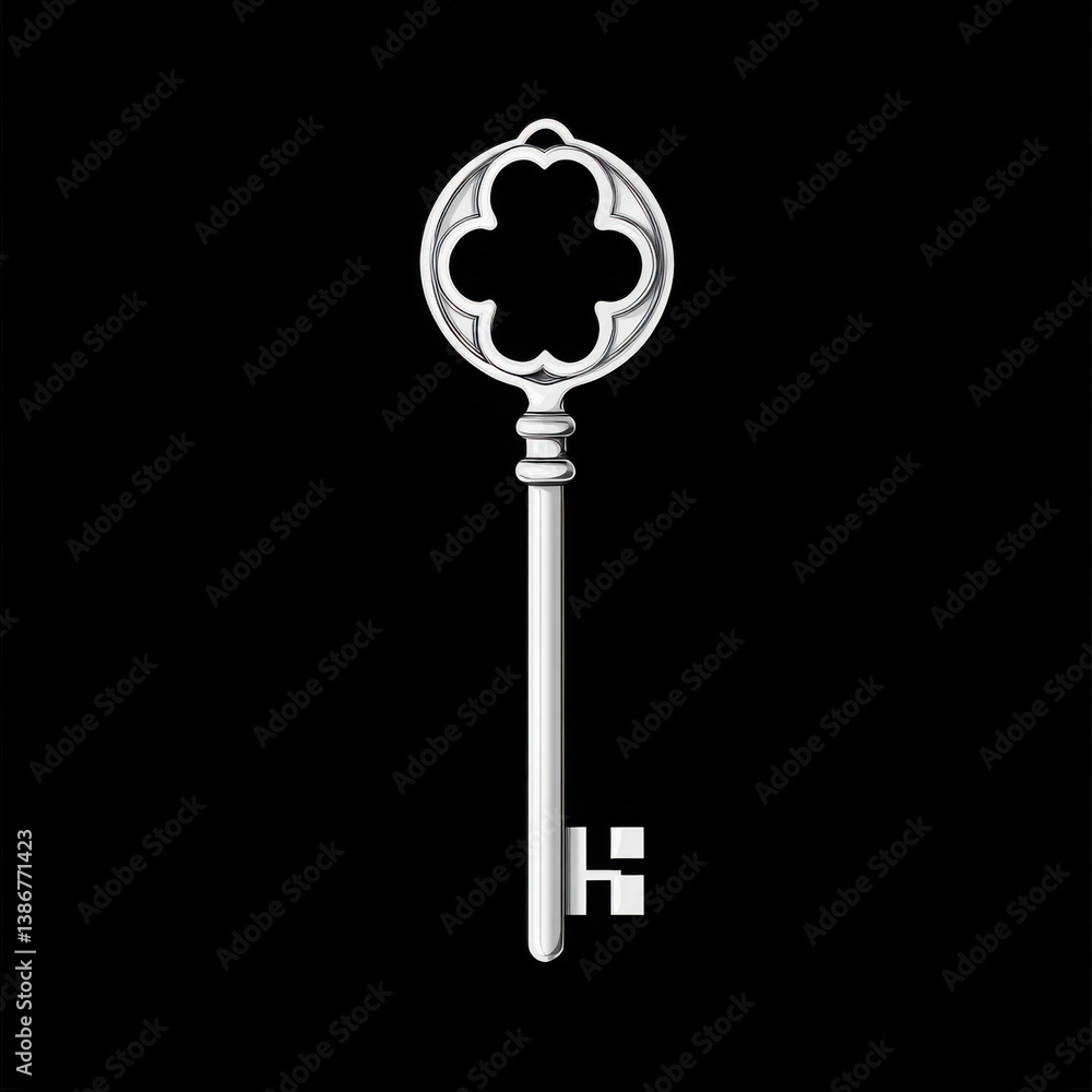 Elegant Skeleton Key with Circular Head and Intricate Design on a Black Background Elegant Skeleton Key with Circular Head and Intricate Design on a Black Background