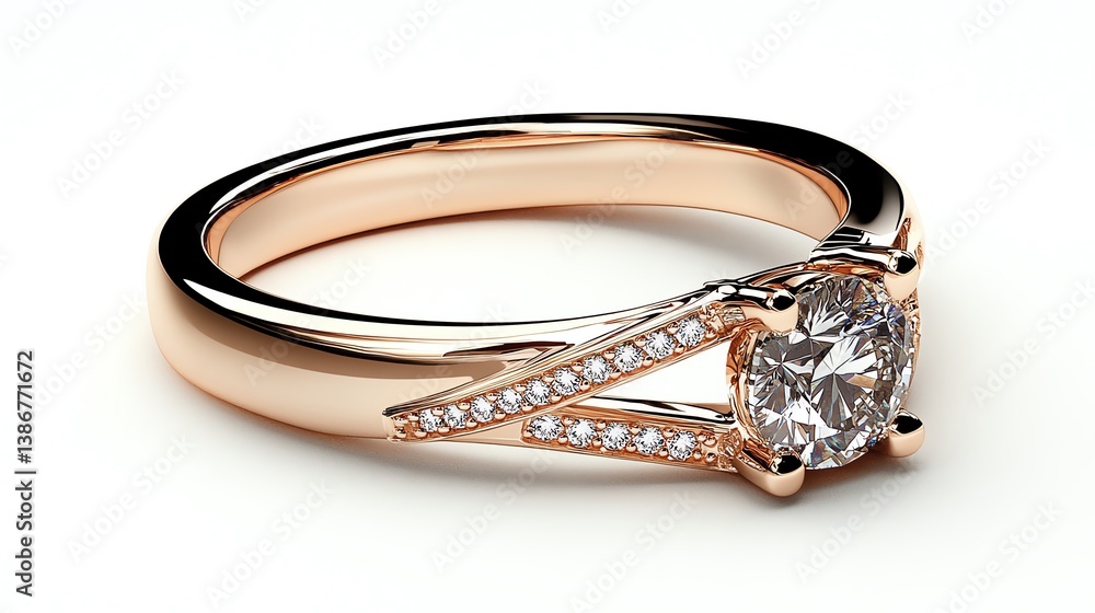 Rose gold split shank ring with pave details and a brilliant diamond centerpiece