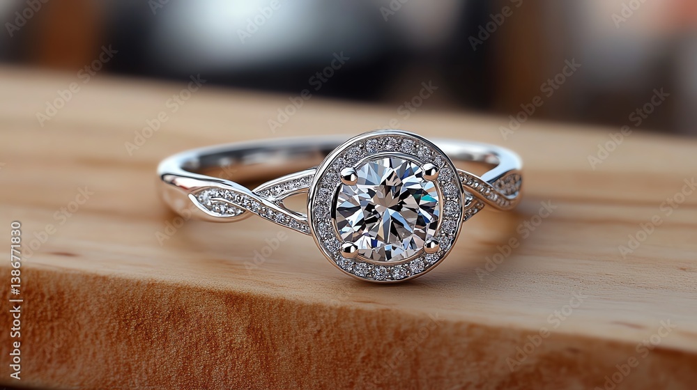 Round halo engagement ring in platinum with intricate vine patterns