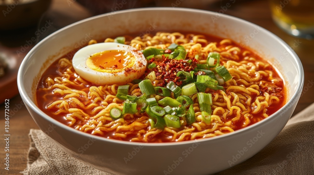 A bowl of spicy ramen with boiled egg, green onions, and chili flakes. Featuring heat and flavor A bowl of spicy ramen with boiled egg, green onions, and chili flakes. Featuring heat and flavor