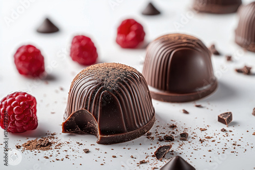 Chocolate truffles with raspberries and cocoa powder on white background photography