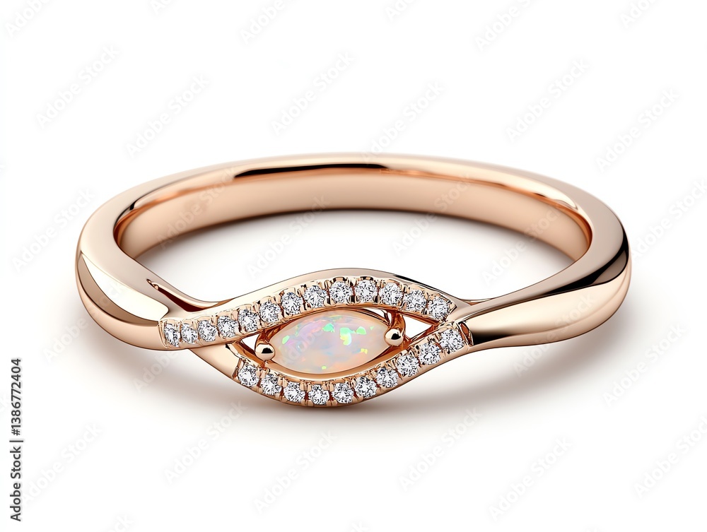 Twisted rose gold band with an opal centerpiece on a dreamy white background