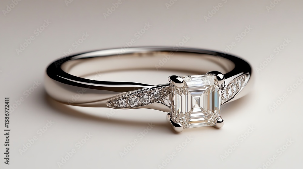 Twisted platinum band with an emeraldcut diamond centerpiece