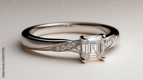 Twisted platinum band with an emeraldcut diamond centerpiece