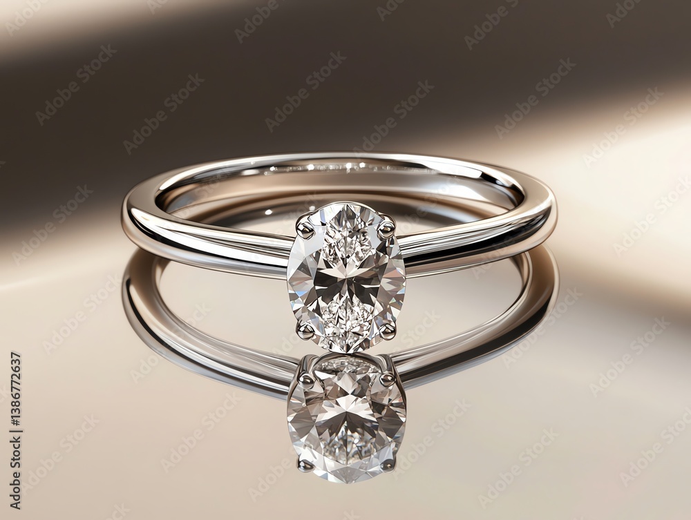 Unique oval diamond ring floating above a mirrorlike surface