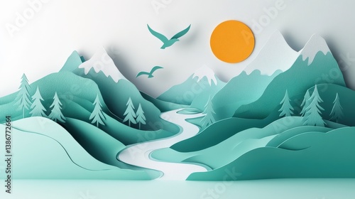 Tranquil Paper Cut Landscape with Rolling Hills and Vibrant Sun