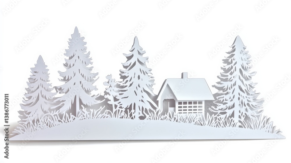 White Paper Cutout of Cabin Surrounded by Pine Trees in Nature White Paper Cutout of Cabin Surrounded by Pine Trees in Nature
